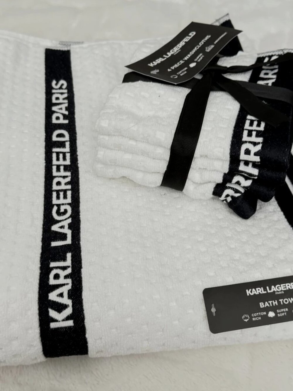 Karl Lagerfeld Paris Bath Towel & Washcloth Set Cotton White Black Stripe NWT